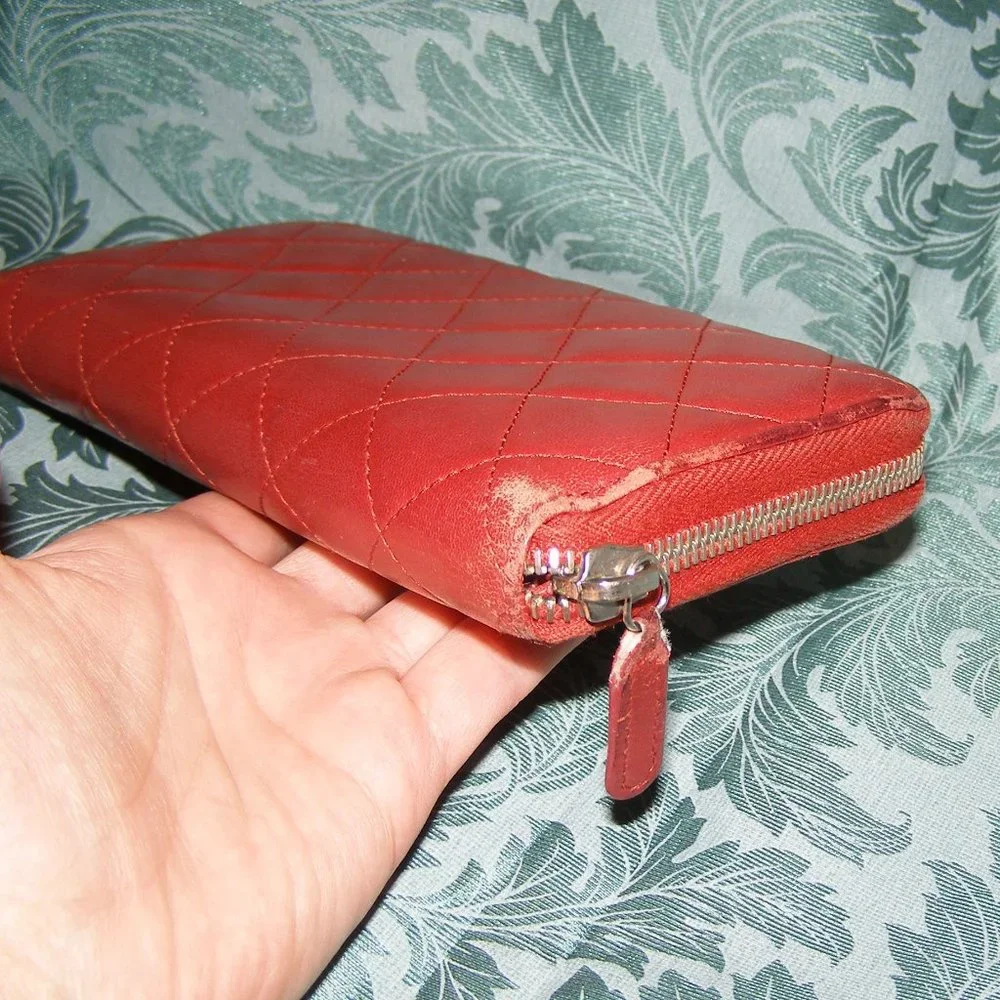 CHANEL Dark Red Lambskin Quilted Leather Wallet